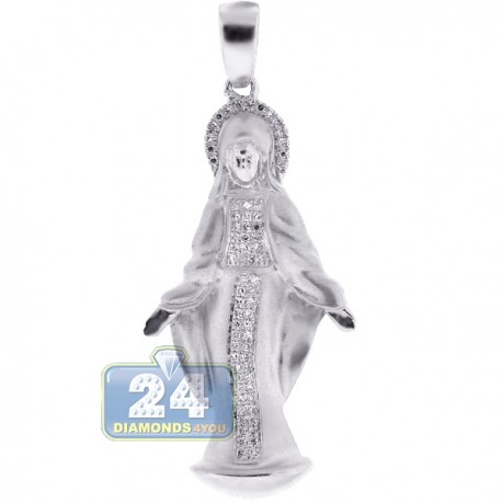 Mens Womens Diamond Virgin Mary Pendant Matte 10K White Gold