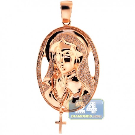 Mens Diamond Halo Virgin Mary Cross Pendant 10K Rose Gold 0.64ct