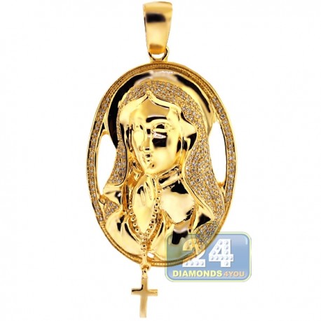 Mens Diamond Halo Virgin Mary Cross Pendant 10K Yellow Gold 0.64ct