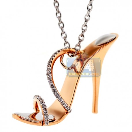 Womens Diamond High Heel Shoe Pendant Necklace 18K Rose Gold 16"