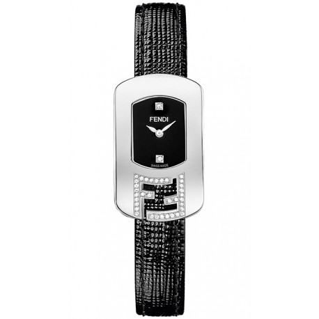 F300021011C1 Fendi Chameleon Diamond Steel Black Leather Watch 18mm