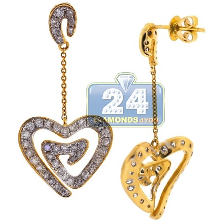 Womens Diamond Heart Dangle Earrings 14K Yellow Gold 1.51 Carat