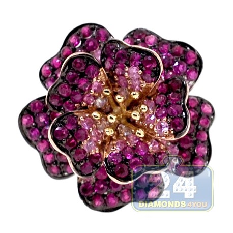 14K Two Tone Gold 2.78 ct Burgundy Ruby Womens Flower Cocktail Ring