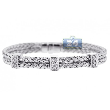 Womens Diamond Woven Braided Bangle Bracelet 18K White Gold 8"