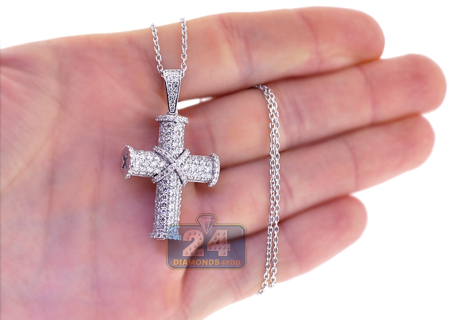 Mens Diamond Cross Pendant Necklace 18K White Gold 2.65ct 18