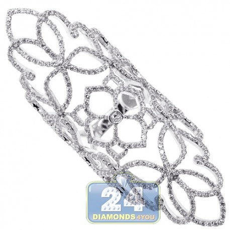 18K White Gold 3.30 ct Diamond Womens Long Floral Ring