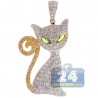 Womens Diamond Cat Long Tail Pendant 14K Yellow Gold 1.89ct