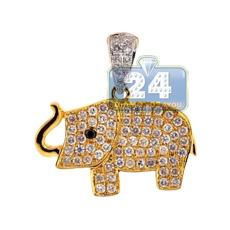 Womens Diamond Baby Elephant Pendant 14K Yellow Gold 0.96ct