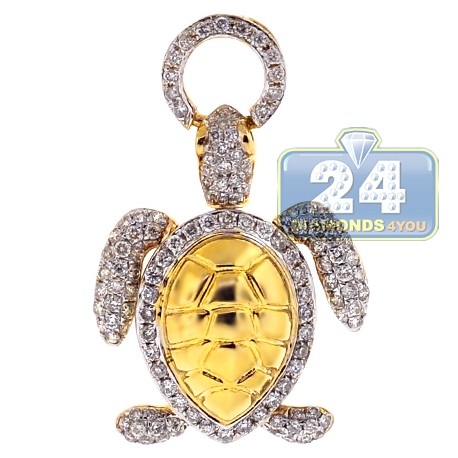 Womens Diamond Sea Turtle Animal Pendant 14K Yellow Gold 0.87ct