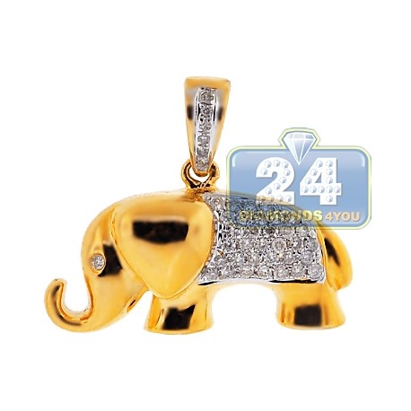 Womens Diamond Elephant Animal Pendant 14K Yellow Gold 0.30ct