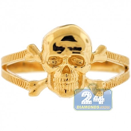 10K Yellow Gold Skull Bones Womens Ring