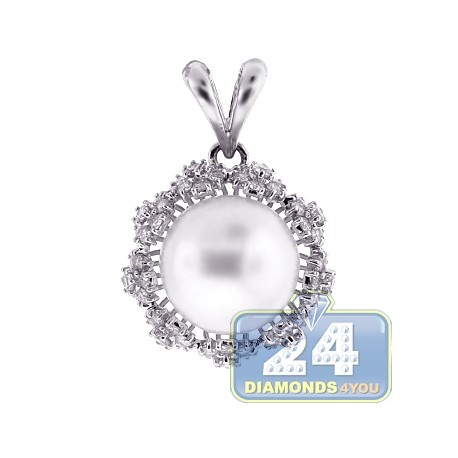 Womens Diamond 12mm Pearl Drop Pendant 18K White Gold 1.15ct