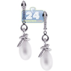 Womens Diamond Pearl Drop Earrings 18K White Gold 0.56 Carat