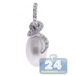 Womens Diamond Oval Pearl Drop Pendant 18K White Gold 0.39ct