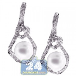Womens Diamond 10 mm Pearl Drop Earrings 18K White Gold 1.25 ct