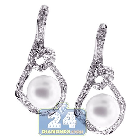Womens Diamond 10 mm Pearl Drop Earrings 18K White Gold 1.25 ct