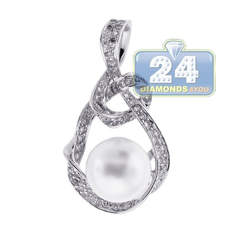 Womens Diamond 12mm Pearl Drop Pendant 18K White Gold 1.18ct