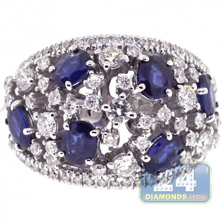 Womens Diamond Blue Sapphire Cluster Band Ring 18K Gold 3.54 ct