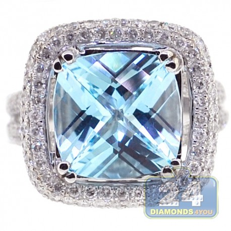 14K White Gold 10.60 ct Diamond Blue Topaz Womens Ring