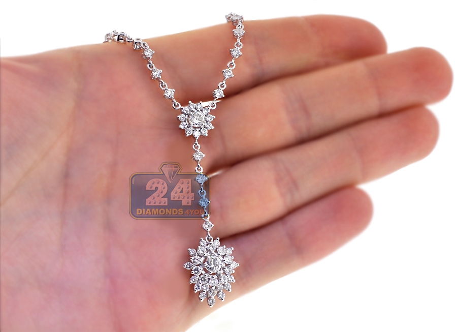 Womens Diamond Cluster Y Shape Necklace 18K White Gold 3.61ct