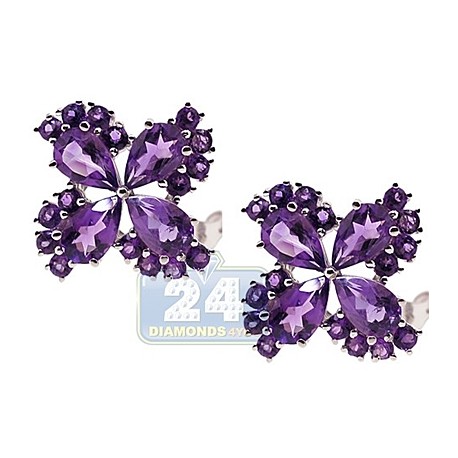 Womens Amethyst Flower Stud Earrings 925 Sterling Silver 9.80 ct