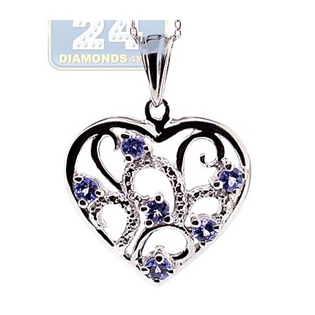 Womens Tanzanite Topaz Heart Pendant Necklace Sterling Silver