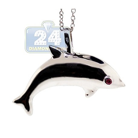 Womens Ruby Dolphin Pendant Necklace 925 Sterling Silver 18"