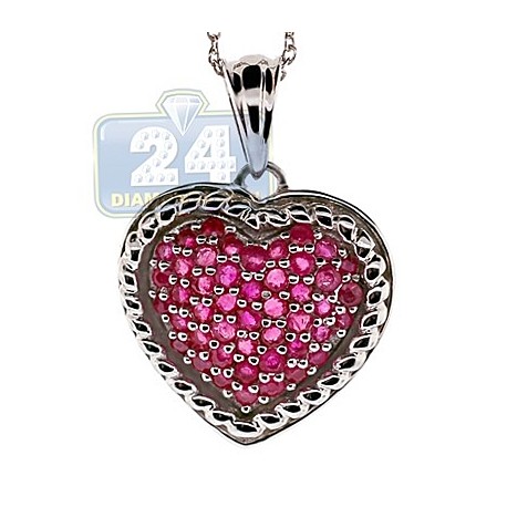 Sterling Silver 925 Heart Red Ruby Pendant w/ 18" Chain Necklace 