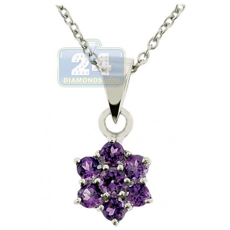 New Ladies Sterling Silver Real Ruby & Diamond Floral Cluster Pendant Necklace