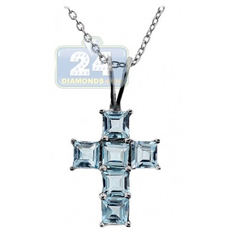 Womens Blue Topaz Cross Pendant Necklace Sterling Silver 3.0ct