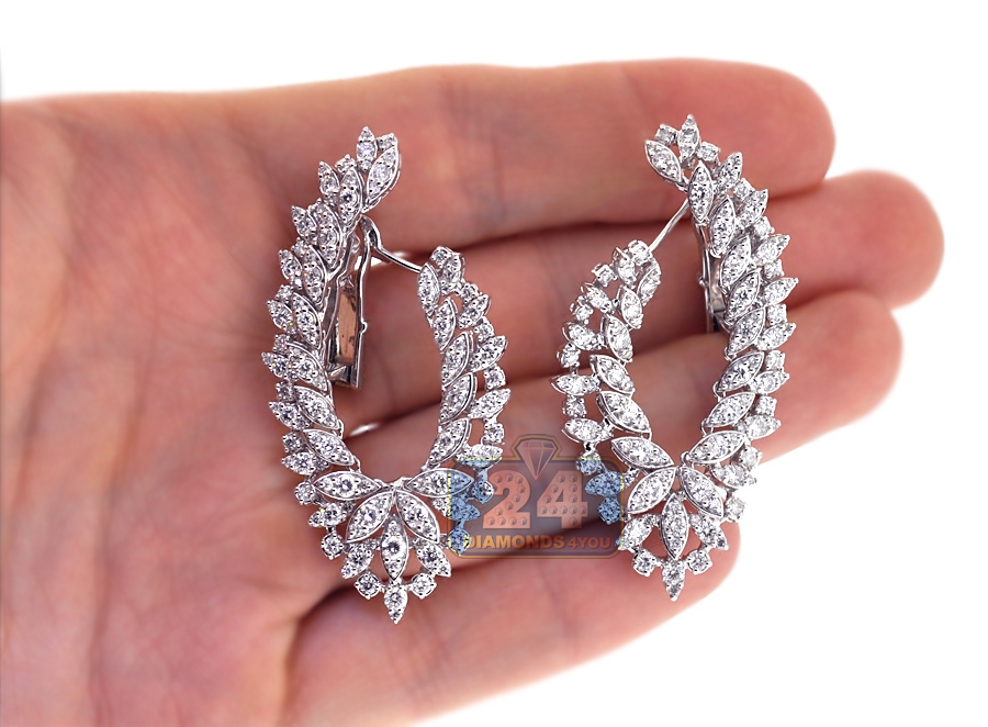 Womens Diamond Flower Dangle Earrings 18K White Gold 4.55 ct