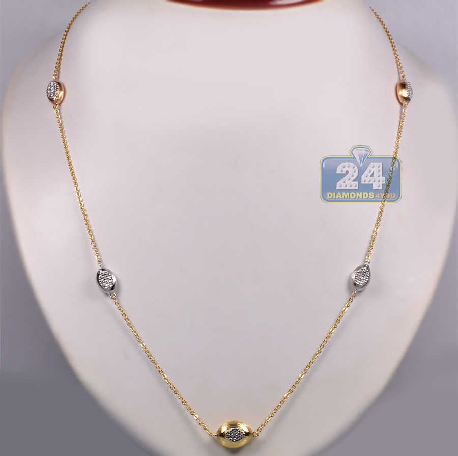 Womens Diamond Bead Station Necklace 18K Three Tone Gold 30"