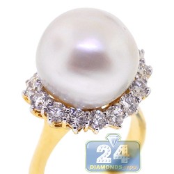 18K Yellow Gold 1.63 ct Diamond 15 mm Pearl Womens RIng