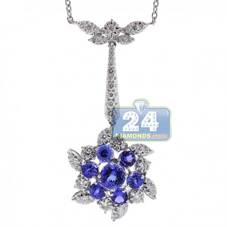 Womens Tanzanite Diamond Flower Pendant Necklace 18K White Gold
