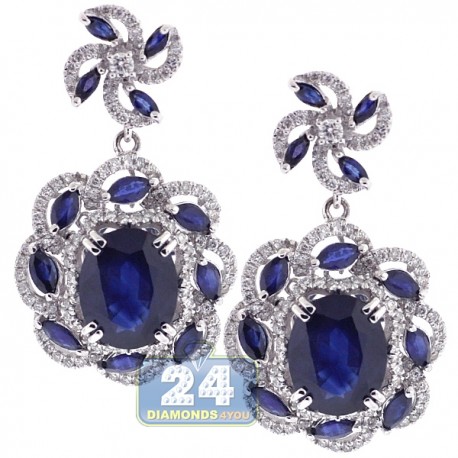 Womens Blue Sapphire Diamond Drop Earrings 18K White Gold 8.73 ct