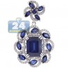 Womens Blue Sapphire Diamond Flower Halo Pendant 18K White Gold