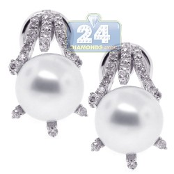 Womens Diamond 10 mm Pearl Huggie Earrings 18K White Gold 0.47ct