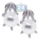 18K White Gold 0.47 ct Diamond Pearl Womens Huggie Earrings