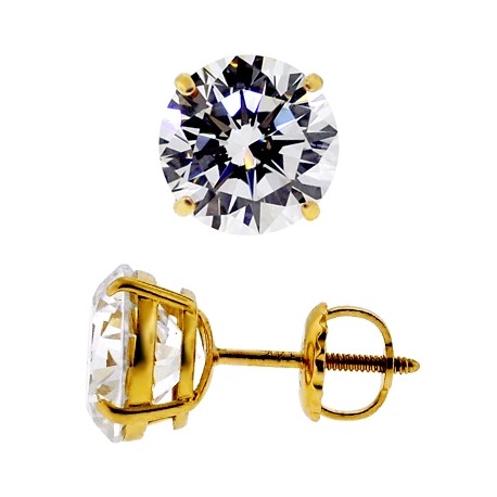 14K Yellow Gold 4.00 ct Round CZ Screw Back Womens Stud Earrings 8 mm