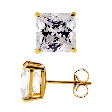 14K Yellow Gold 1.40 ct Princess CZ Push Back Womens Stud Earrings