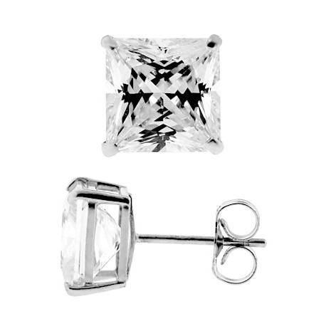 14K White Gold 3.90 ct Princess CZ Push Back Womens Stud Earrings