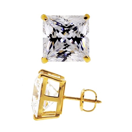 14k Yellow Gold Square Princess Cut CZ Stud Earrings - Clear Screw Back, Prong Set, Made In USA