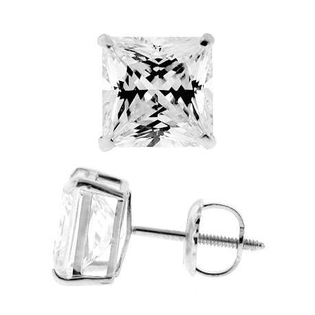 14K White Gold 3.90 ct Princess CZ Screw Back Womens Stud Earrings