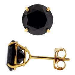 14K Yellow Gold 4.00 ct Black Round CZ Push Stud Mens Earrings 8 mm