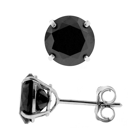 14K White Gold 4.00 ct Black Round CZ Push Stud Mens Earrings 8 mm