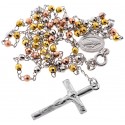 Tri Color Silver Diamond Cut Bead Rosary Necklace 3 mm 24 Inches