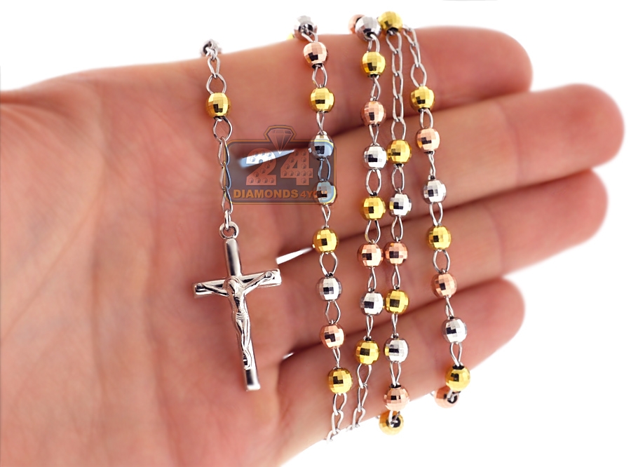 Tri Color Silver Diamond Cut Rosary Mens Necklace 5 mm 26 Inches