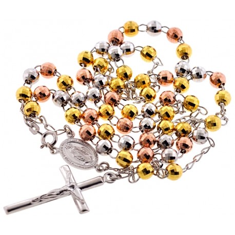 Tri-Tone Silver Diamond Cut Rosary Mens Necklace 6 mm 26 Inches