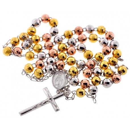 Tri Color Silver Diamond Cut Bead Mens Rosary 8 mm 32 Inches