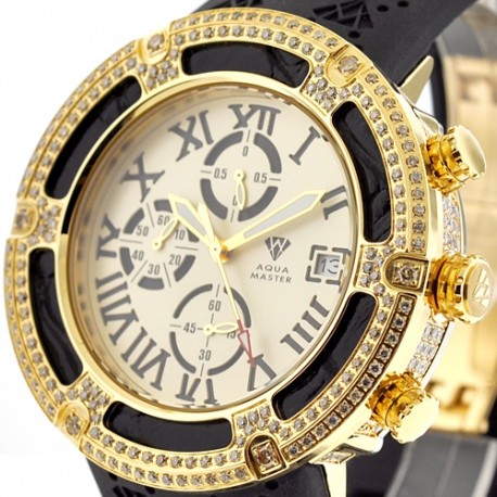 Mens Diamond Gold Watch Aqua Master El Russo 5.35 ct Rubber Band